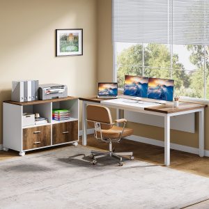 63" L-Shaped Desk, Modern Executive Computer Desk with 39" Mobile File Cabinet - Image 4