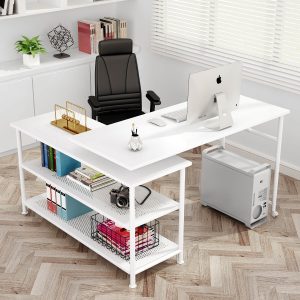 360?? Rotating Desk, Modern L-Shaped Desk with Storage Shelves