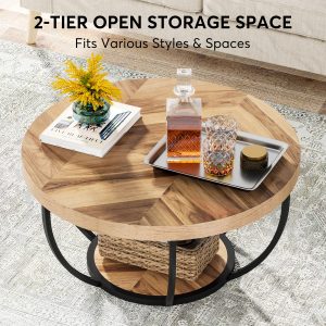 Wooden Coffee Table, 2-Tier Round Central Cocktail Table with Shelves - Image 5