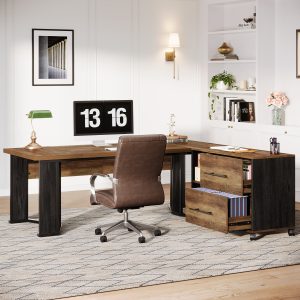 70.8" Executive Desk, L-Shaped Home Office Desk with File Cabinet - Image 4