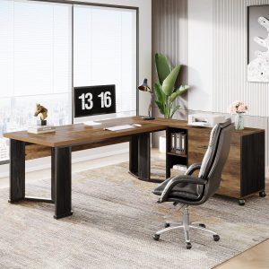 70.8" Executive Desk, L-Shaped Home Office Desk with File Cabinet