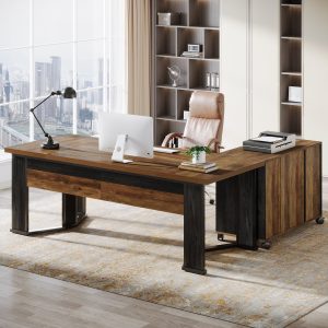 70.8" Executive Desk, L-Shaped Home Office Desk with File Cabinet - Image 3