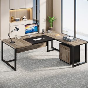 70.8" L-Shaped Desk, Large Executive Desk with Mobile File Cabinet