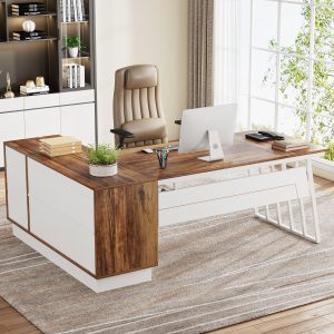 71" Executive Desk, Modern L-Shaped Computer Desk with Cabinet