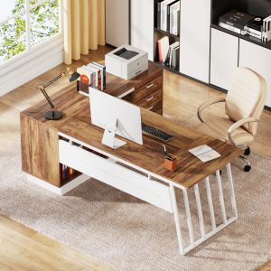 71" Executive Desk, Modern L-Shaped Computer Desk with Cabinet - Image 5