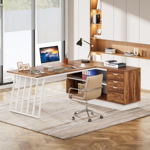 71" Executive Desk, Modern L-Shaped Computer Desk with Cabinet - Image 4