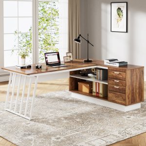 71" Executive Desk, Modern L-Shaped Computer Desk with Cabinet - Image 3