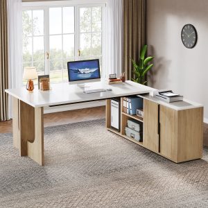 74" Executive Desk, L-Shaped Computer Desk Office Desk With Cabinet