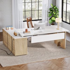 74" Executive Desk, L-Shaped Computer Desk Office Desk With Cabinet - Image 4