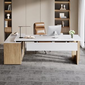 74" Executive Desk, L-Shaped Computer Desk Office Desk With Cabinet - Image 3
