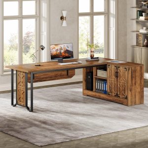 78" L-Shaped Executive Desk, Farmhouse Computer Desk with Cabinet
