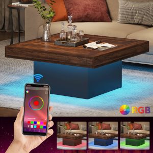 Square Coffee Table, Farmhouse Wood Cocktail Table with LED Light - Image 6