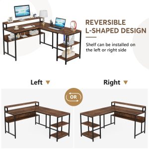 Reversible L-Shaped Desk, 59" Corner Desk with Shelves & Monitor Stand - Image 6