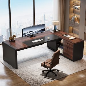 80" Executive Desk, L-Shaped Computer Desk with Storage Drawers - Image 4