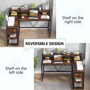 Reversible L-Shaped Desk, Industrial Corner Desk with Drawer & Shelves - Image 7