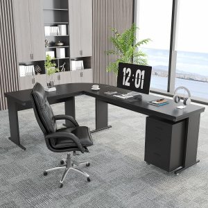 83" L-Shaped Desk, Industrial Corner Executive Desk with Mobile File Cabinet - Image 9