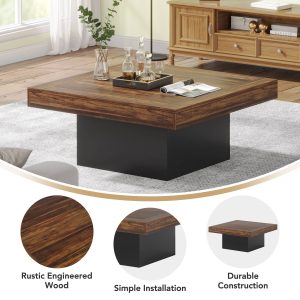 Square Coffee Table, Farmhouse Wood Cocktail Table with LED Light - Image 7