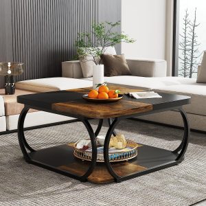Square Coffee Table, 39" Central Cocktail Table with 2-Tier Shelves