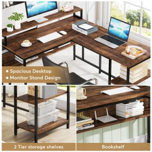 Reversible L-Shaped Desk, 59" Corner Desk with Shelves & Monitor Stand - Image 5