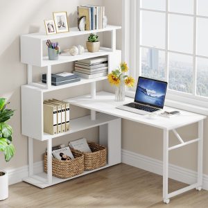 Rotating Desk with 5-Tier Bookshelf, Reversible Computer Desk with Wheels - Image 3