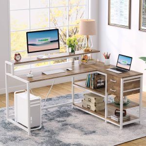 Reversible L-Shaped Desk, Industrial Corner Desk with Drawer & Shelves - Image 11