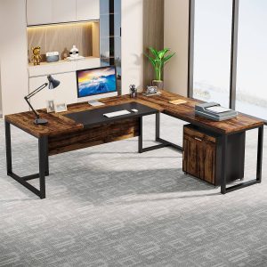 70.8" L-Shaped Desk, Large Executive Desk with Mobile File Cabinet - Image 7
