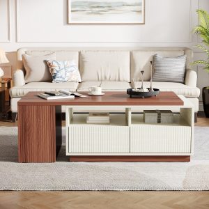 Extendable Coffee Table, Center Table with 2 Drawers and Reversible Tabletop
