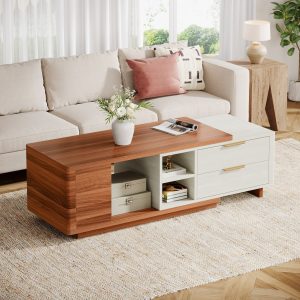 Extendable Coffee Table, Two-Tone Wood Center Table with 2 Drawers - Image 5