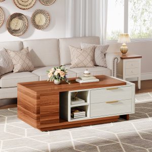 Extendable Coffee Table, Two-Tone Wood Center Table with 2 Drawers - Image 4