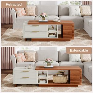 Extendable Coffee Table, Two-Tone Wood Center Table with 2 Drawers - Image 6