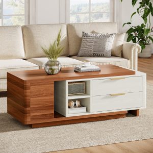 Extendable Coffee Table, Two-Tone Wood Center Table with 2 Drawers