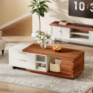 Extendable Coffee Table, Two-Tone Wood Center Table with 2 Drawers - Image 3