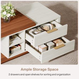 Extendable Coffee Table, Two-Tone Wood Center Table with 2 Drawers - Image 7