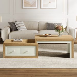Extendable Coffee Table, Wooden Center Table With 2 Drawers