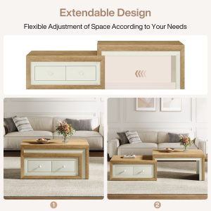 Extendable Coffee Table, Wooden Center Table With 2 Drawers - Image 7