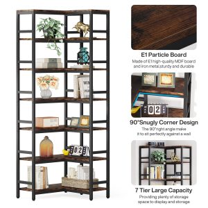 Industrial Corner Bookshelf, 5-Tier/7-Tier Bookcase Etagere Display Rack - Image 7
