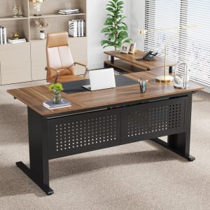 Industrial L-Shaped Desk, 63" Computer Executive Desk with File Cabinet - Image 4