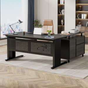 Industrial L-Shaped Desk, 63" Computer Executive Desk with File Cabinet - Image 9