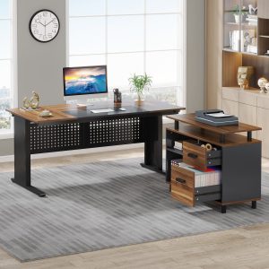 Industrial L-Shaped Desk, 63" Computer Executive Desk with File Cabinet - Image 3