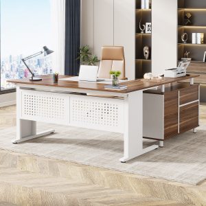 Industrial L-Shaped Desk, 63" Computer Executive Desk with File Cabinet - Image 7