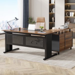 Industrial L-Shaped Desk, 63" Computer Executive Desk with File Cabinet