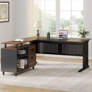 Industrial L-Shaped Desk, 63" Computer Executive Desk with File Cabinet - Image 5