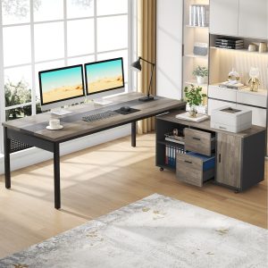 Industrial L-Shaped Desk, 71" Executive Desk with 47" Mobile File Cabinet