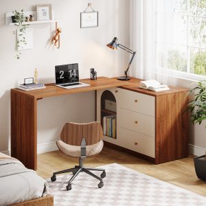 L-Shaped Computer Desk, Corner Office Desk with Reversible Storage Cabinet - Image 4