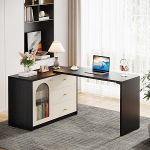 L-Shaped Computer Desk, Corner Office Desk with Reversible Storage Cabinet - Image 7