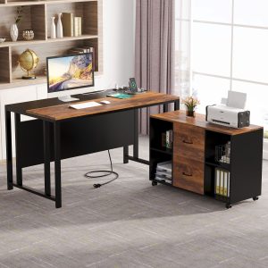 L-Shaped Desk with Power Outlet, 55" Executive Desk with 40" File Cabinet