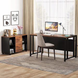 L-Shaped Desk with Power Outlet, 55" Executive Desk with 40" File Cabinet - Image 4