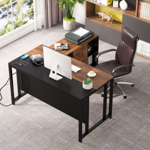 L-Shaped Desk with Power Outlet, 55" Executive Desk with 40" File Cabinet - Image 5