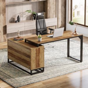 L-Shaped Executive Desk, 53" Farmhouse Computer Desk Corner Desk with Cabinet - Image 3