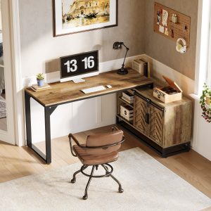 L-Shaped Executive Desk, 53" Farmhouse Computer Desk Corner Desk with Cabinet - Image 5